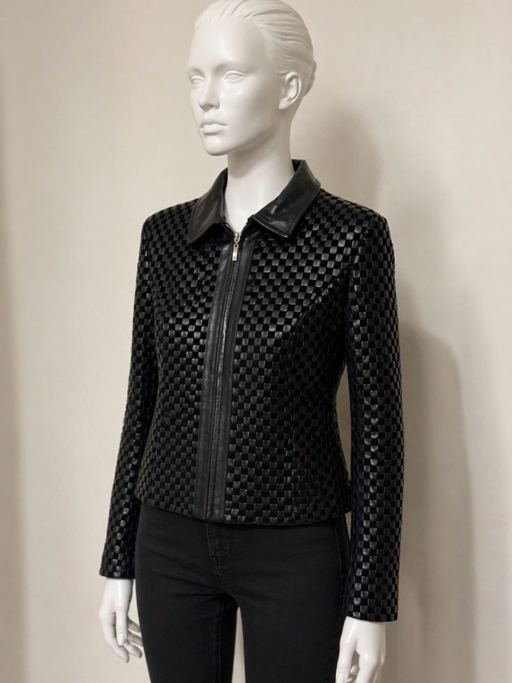 Wilsons Leather Suede Black Checker-Textured Zip Jacket Medium